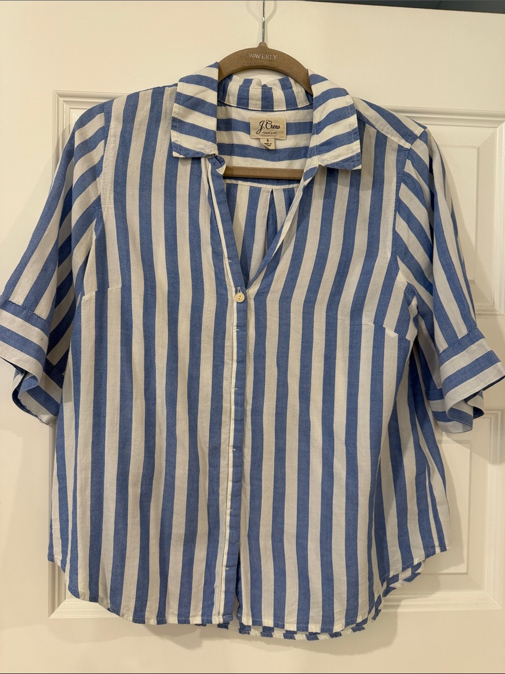 J. Crew Blue and White Vertical Stripe Short Sleeve Shirt - Relaxed Button-Up